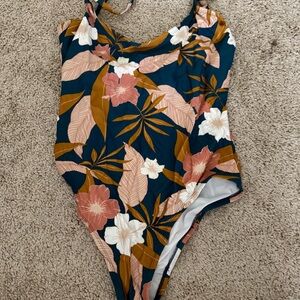 Target Teal Floral One-Piece Swimsuit with Rust and White Flowers